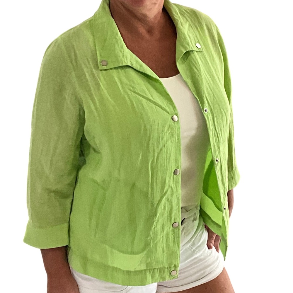 Chico's Women's Green Button Front 3/4‎ Sleeve Textured Linen Top Sz 2 Large 12